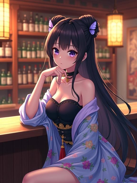 Beautiful anime woman with long flowing black hair. Intricate updo with butterfly hairpins. Striking light purple eyes and fair skin. Relaxed with slight smile. Reclining on wooden bar counter with chin on hand. Light blue and lavender kimono robe with floral patterns. Dark corset top and wide obi with gold embellishments. Warmly lit traditional Japanese bar interior with wooden shelves and varied bottles. Hanging lanterns casting soft glow. Intimate inviting atmosphere. Soft shadows and highlights. Medium shot with shallow depth of field and blurred background.