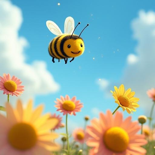 Cheerful yellow-and-black bee flies through bright blue sky. Fluffy white clouds in background. Colorful flowers sway gently below. Flowers have smiling faces. Bee hovers over flowers with rapid wing flaps. Trail of golden sparkles behind bee. Realistic, photographic, cinematic style.