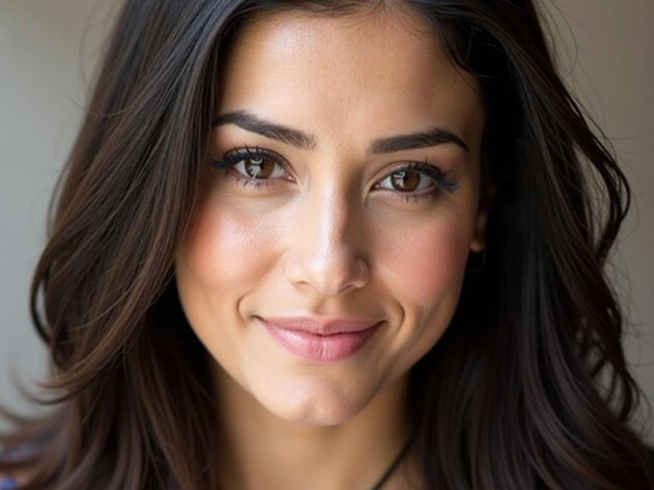 A portrait of a woman facing straight forward. Her eyes are open, looking directly at the viewer. She has long, dark hair that falls softly around her shoulders. The lighting highlights her facial features, giving her skin a natural glow. There is a subtle smile on her lips, conveying a sense of calmness and confidence. The background is softly blurred, keeping the focus on her face.