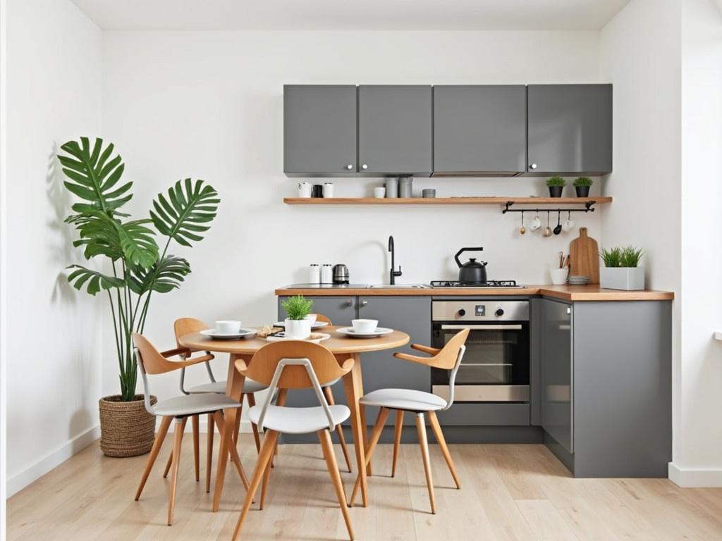 The image shows a contemporary kitchen and dining area. There is a round wooden table with four stylish chairs, set with plates and a small plant at the center. Next to the table, a tall leafy plant stands in a pot, adding a touch of greenery to the space. The kitchen features gray cabinets with a wood countertop and modern appliances, including an oven. Above the kitchen area, a shelf holds mugs and small plants, while hanging utensils are neatly arranged. The light-colored walls and flooring create a bright and inviting atmosphere.