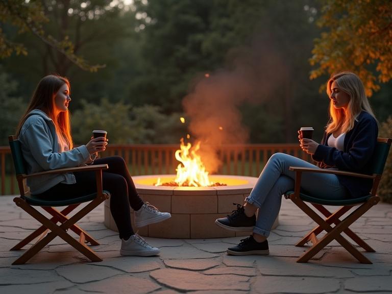 Photograph of three young women sitting around a circular stone fire pit on an outdoor patio. They are smiling and holding cups of coffee, surrounded by a warm glow of fire. The background includes decorative lighting and lush greenery. The setting highlights comfort and friendship under a serene atmosphere.