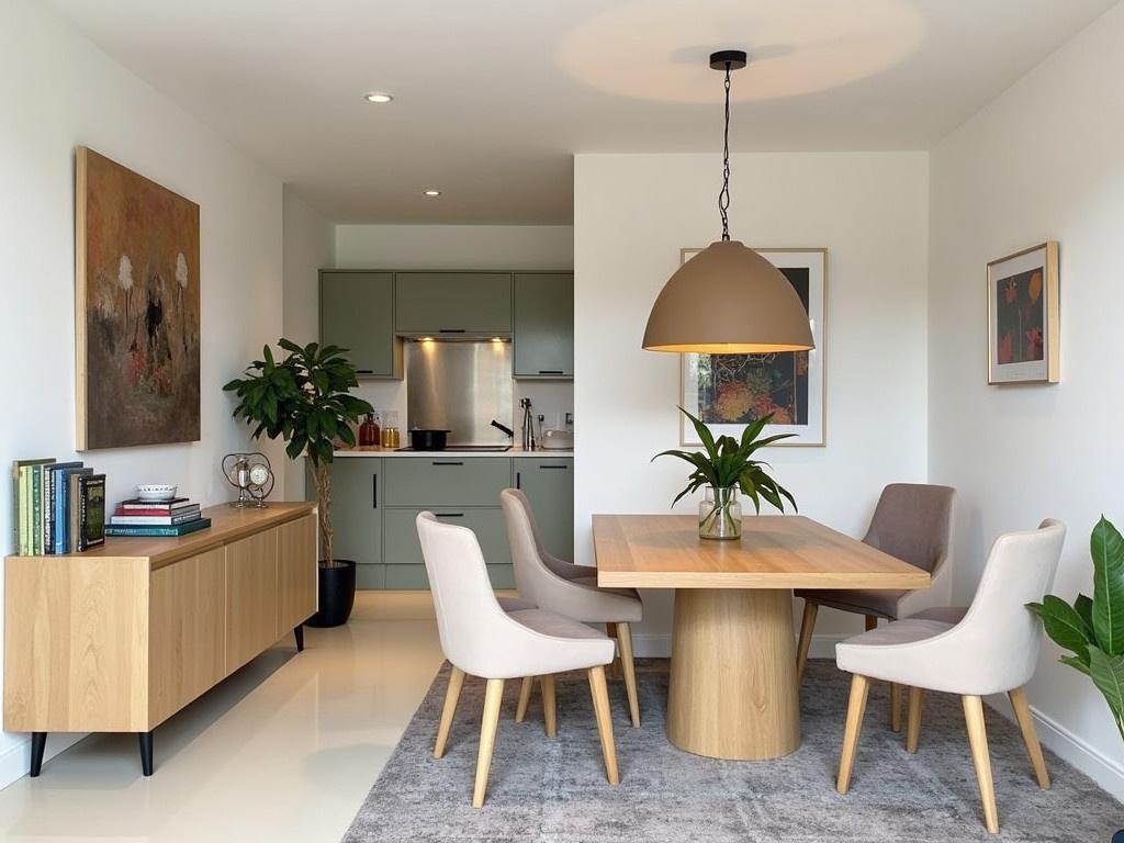 This image depicts a modern and stylish open-plan kitchen and dining area. The dining table is made of light wood and is surrounded by comfortable chairs, two with soft fabric. A large pendant light hangs above the table, creating a cozy atmosphere. To one side, there is a sleek sideboard containing decorative items, with green accents and books neatly arranged on shelves. The floor is light-colored, and there are tasteful decorative elements, such as plants and a rug, adding warmth to the space.