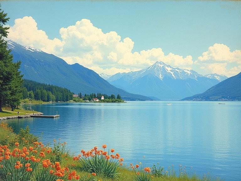 Scenic view of Lake Geneva from Chexbres. Bright sunlight over a peaceful water surface. Surrounding mountains in the background. Orange flowers in the foreground. Soft clouds in the sky.