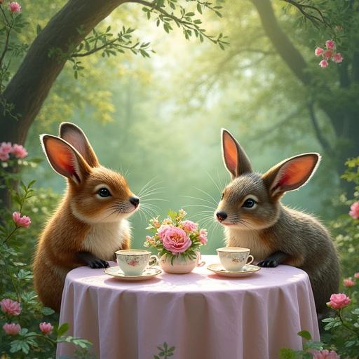 Create a vibrant impressionist style image of a forest clearing. Capture a lively gathering of woodland creatures and humans around a table with floral and pastel teacups. Scene illuminated with soft sunlight through trees. Use harmony of lilac, sage green, and soft peach for a joyful atmosphere.