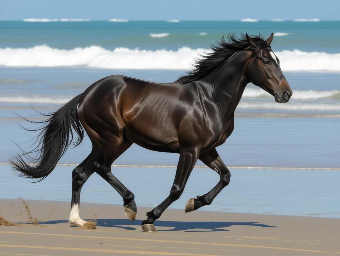 A black horse runs along the beach near the waves.