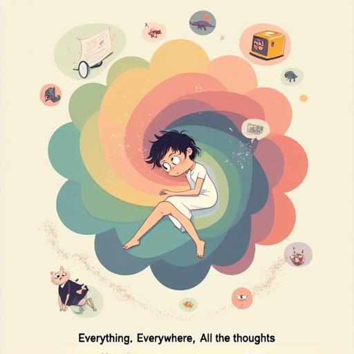 Surreal vector-style illustration featuring an androgynous figure suspended mid-air. Figure has wide open eyes with sparkles, conveying astonishment and mental overload. Layered circular background in pastel rainbow tones. Around the figure are floating icons like a retro toaster, a small dinosaur, and a paper marked “deadline.” The character suggests overstimulation with hair and limbs pulled in multiple directions. Typography below reads 'Everything. Everywhere. All the thoughts.' Transparent background with padding around the artwork.