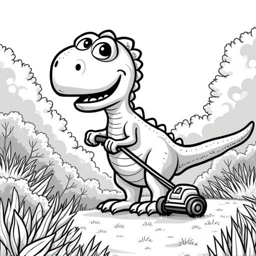 Cute cartoon dinosaur in an English garden mowing the lawn. Designed as a coloring page for kids aged 6. Uses only black and white with no shades or grey.