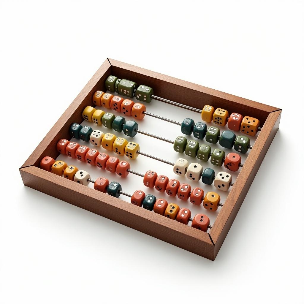 Hyper-realistic abacus with rows of dice instead of beads. Dice meticulously aligned, showing various faces with numbers. Abacus features a wooden frame with polished textures. Dice are glossy and vibrant with realistic shading. Background is plain white for focus.