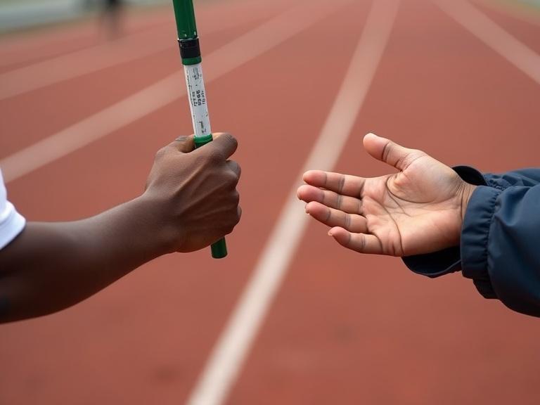 Photographs showing baton exchange methods in relay races by Nigerian primary school children. One image depicts the Upsweep method with upturned hand and baton going up. Another shows the Downsweep method with turned hand and baton coming down. Focus on hand and baton positioning. Background features a blurred red track.
