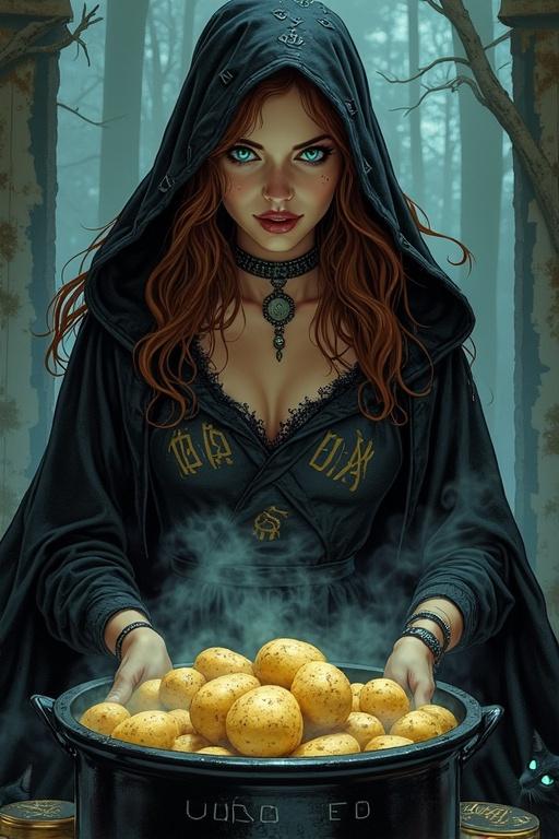 A sinister witch with long wavy brown hair and icy blue eyes. She wears tattered black robes with glowing runes. A bubbling cauldron of cursed potatoes sits before her. Smoke rises from her hands. A shadowy cat with glowing eyes lurks nearby. The scene is dramatic and eerie.