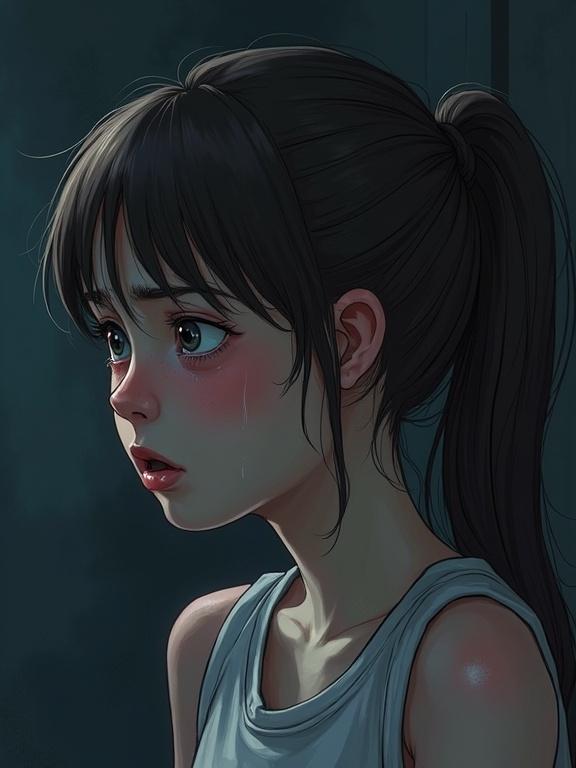 Realistic colored pen drawing. Side view of scared tearful girl. Bare-chested in dark bedroom. Hands on sides. Emotional expression. Appears vulnerable and distressed.