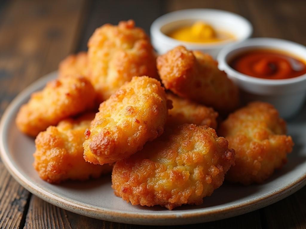 This image showcases a plate of golden, crispy nuggets that are freshly fried to perfection. The nuggets are arranged neatly on the plate, showcasing their golden brown color and crunchy texture. Accompanying the nuggets are two small bowls of sauces—one creamy yellow mustard and another rich red ketchup. The rustic wooden background adds a warm, inviting touch to the composition. This visually appealing presentation highlights the deliciousness and appeal of these fried snacks, making it ideal for food enthusiasts and culinary creators.