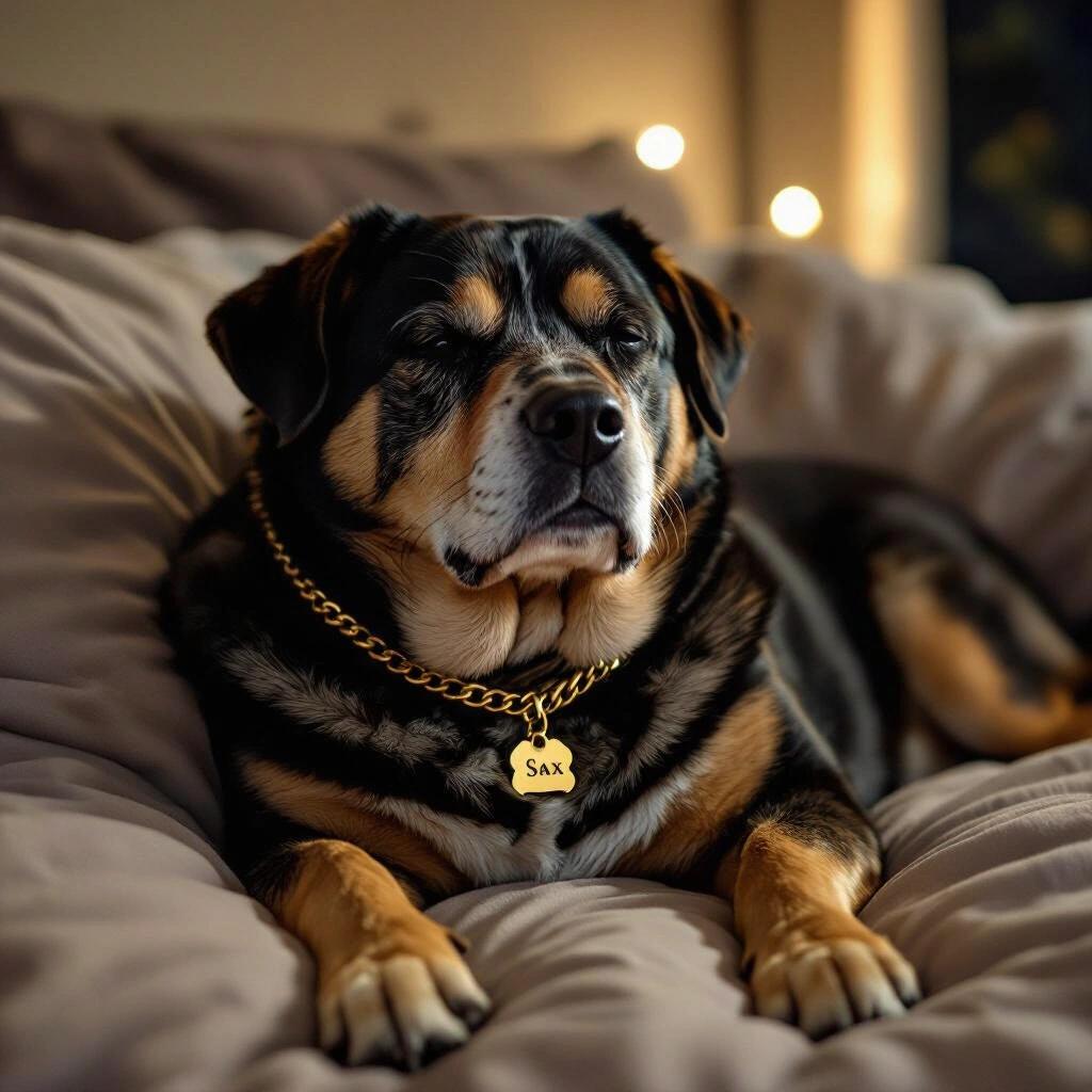 Dark photo of an old dog relaxing at night. Dog is fat and wearing a gold chain with a name tag that says SAX.