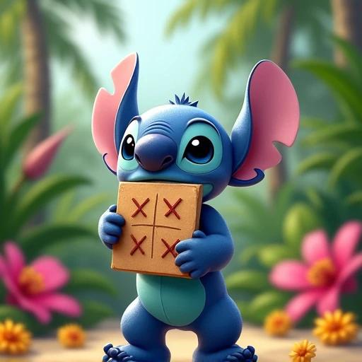 Stitch character holds a blank Tic-tac-toe board. The setting is a tropical environment with flowers around.
