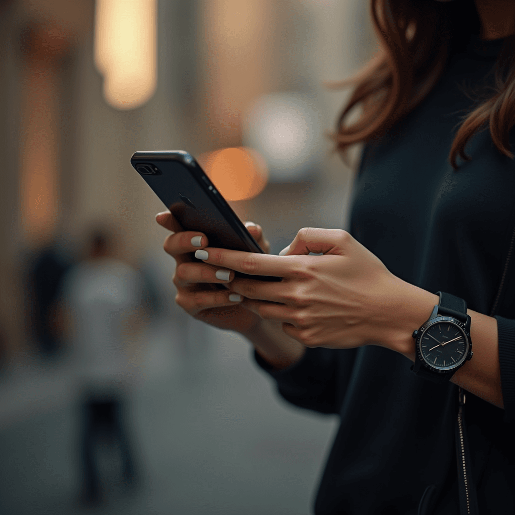 A person is using a smartphone on a city street, wearing a watch and dark clothing.