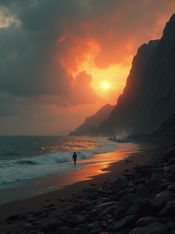 Photorealistic depiction of a beach scene at sunset in South America displaying a dramatic sky and rocky landscape.