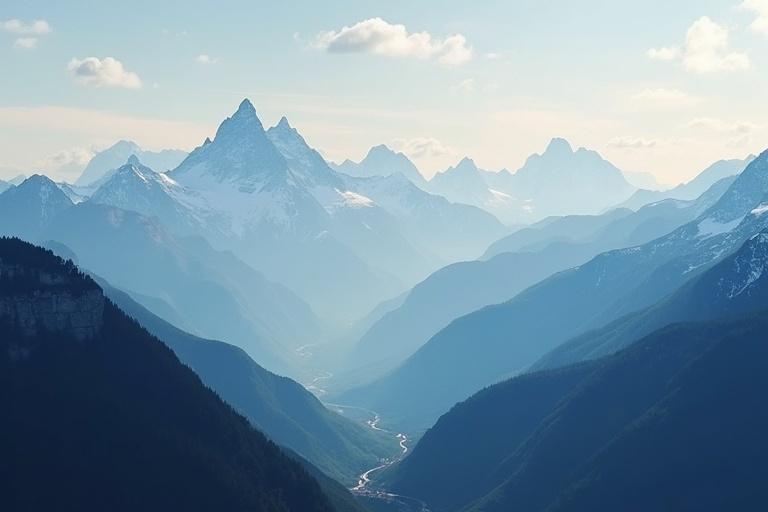 Wide view of mountain ranges with peaks covered in snow under a bright sky. The landscape features a river running through valleys surrounded by towering mountains. Soft light enhances the serene atmosphere.