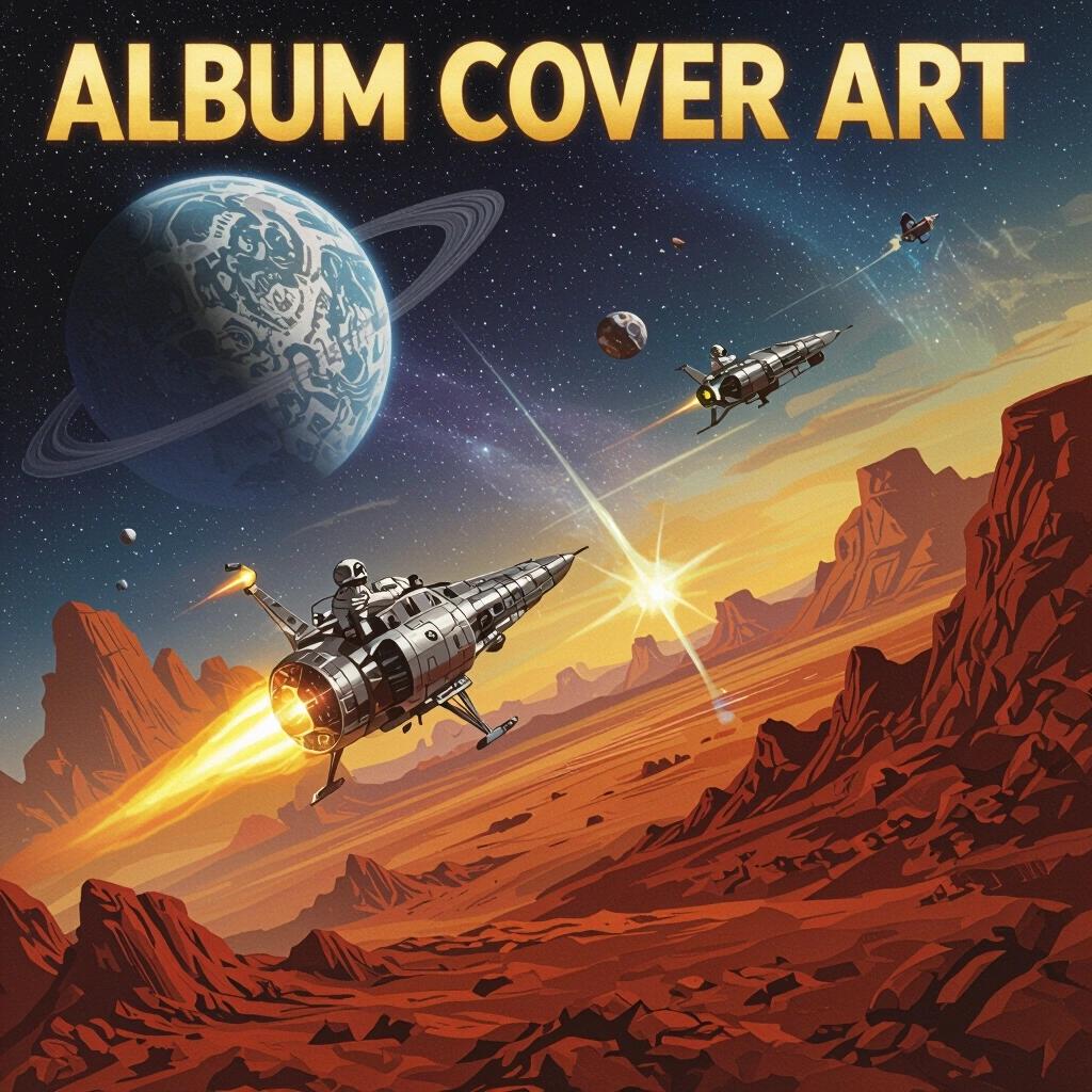 A detailed illustration of spaceships traveling through a rocky, orange terrain. The background features a large planet and additional celestial bodies. Bright colors create a dynamic feel, emphasizing adventure in space.