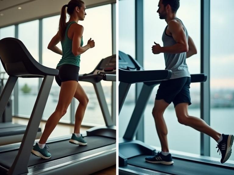 Split image showcases two different types of running. One side depicts a person running steadily on a treadmill. The other side captures an individual engaged in high-intensity interval training. The backdrop includes large windows with natural light.