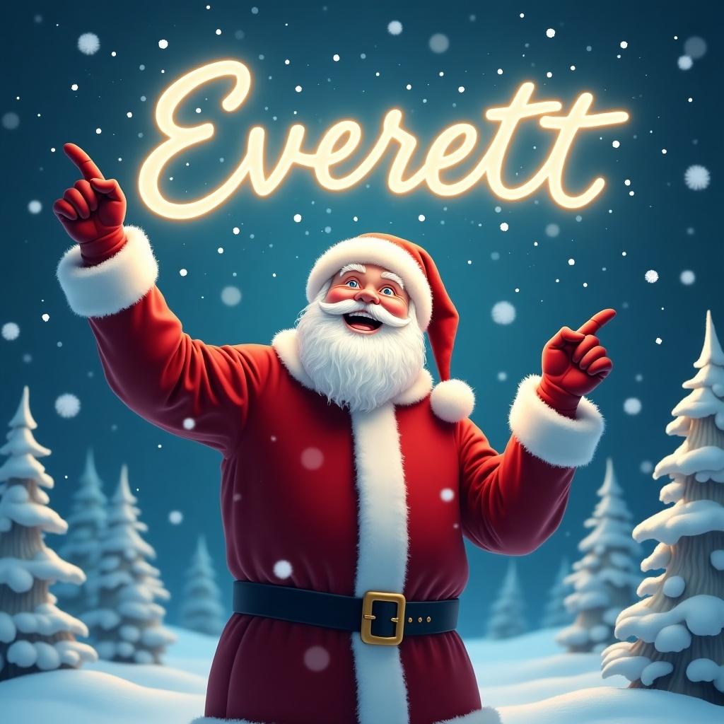 The image depicts a joyful Santa Claus standing in a winter wonderland. He is dressed in his traditional red suit with white trim and a matching hat. Santa is pointing upward as if he is magically writing a name in the sky. Snowflakes gently fall around him, adding to the festive atmosphere. In the sky, the name 'Everett' is written in bright, glowing letters. The background features snowy trees, enhancing the Christmas scene.