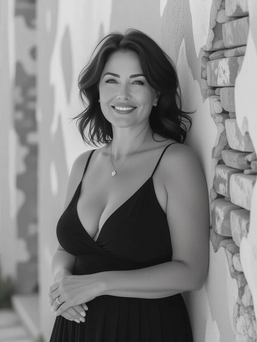 A confident woman stands gracefully against an old wall. She wears a black dress that accentuates her curves. The setting is a black and white scene. The woman displays a sweet smile. The overall mood is surreal and artistic. The image evokes feelings of beauty and intrigue.