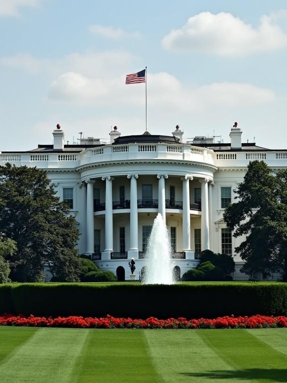 The White House in daylight with a fountain and American flag. Beautifully landscaped gardens in the foreground. A representation of American democracy and history.