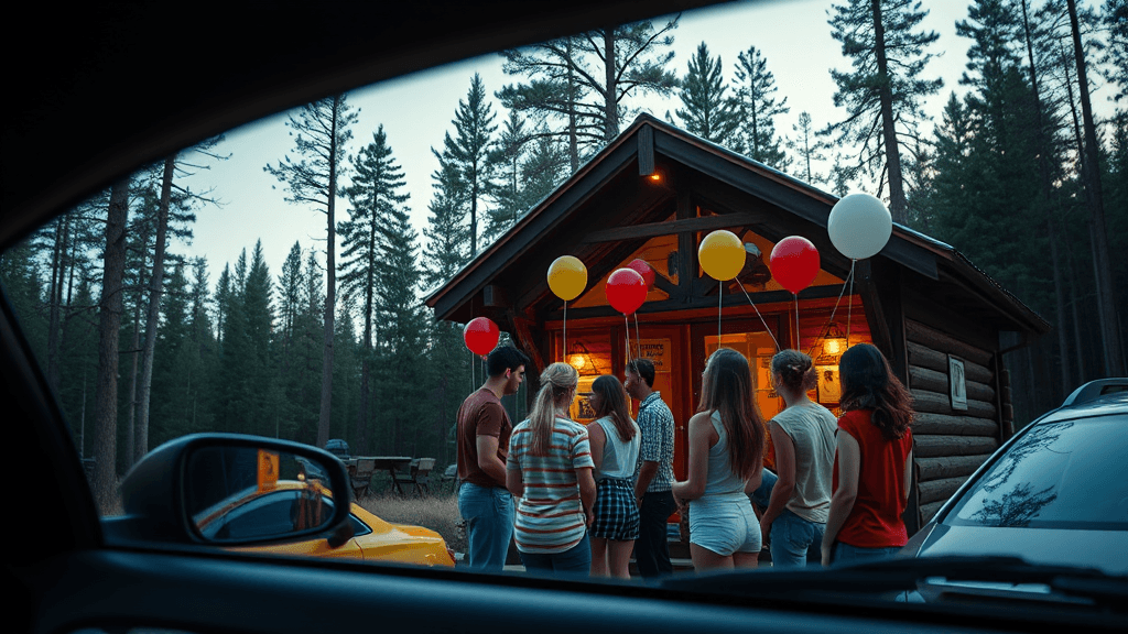 A group of young people hold colorful balloons near a cabin in the woods, viewed from inside a car.