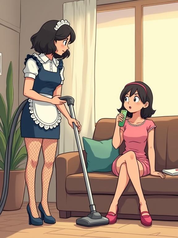 A comic strip in Ghibli studio style featuring two female roommates in their apartment's living room. One stands in a maid uniform with fishnets, using a vacuum cleaner. The other sits on the couch in casual clothes, talking on her phone about a bet for a pink uniform.