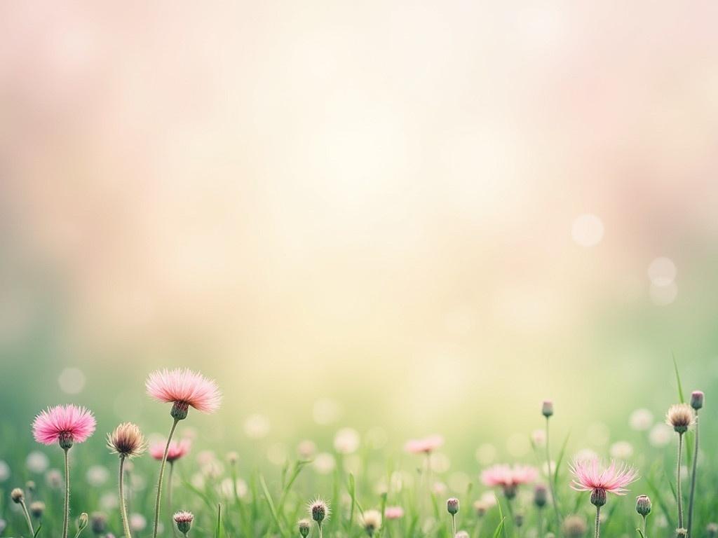 Create a dreamy landscape that depicts a soft, blurred background of pastel colors, ranging from light pink to a gentle green hue. In the foreground, feature delicate wildflowers with vibrant pink and green accents. The flowers should have a soft, feathery appearance, adding to the ethereal feel of the scene. The overall atmosphere should evoke tranquility and calmness, resembling a peaceful summer day. Enhance the image with a gentle light that gives the flowers a radiant glow.