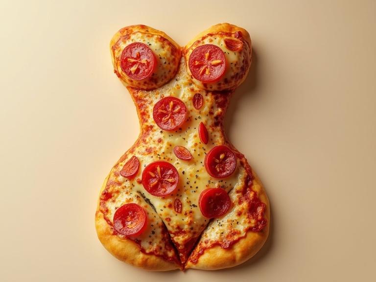 3D pizza shaped like a sensual woman body. Toppings include tomatoes, cheese, and a crust. Bright and playful appearance.