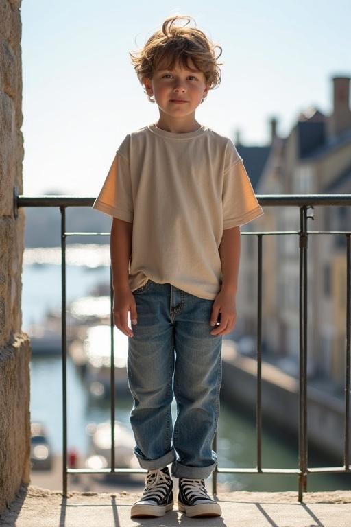 A youthful boy is standing on a balcony wearing a large beige T-shirt and blue jeans. He has tousled light brown hair. The sunny harbor in Normandy is visible in the background. The scene conveys feelings of peace and quiet.