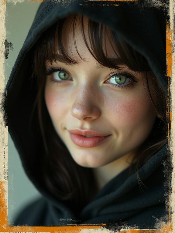 Close-up shot of a young woman with flawless skin in a black hoodie. She gazes toward the camera with slightly pursed lips. Icy green eyes with long lashes and black eye shadow. Ambient light enhances her ethereal glow. Background features a retro vintage collage look from the 1970s.