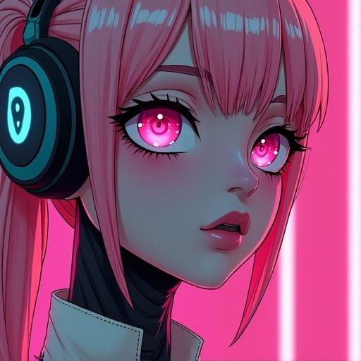 Anime character inspired by cyberpunk style, features bright pink hair, large expressive eyes, and modern headphones. The character shows a blend of innocence and allure, with a vibrant background that enhances energy.