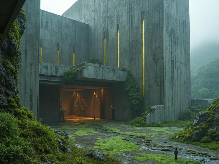 A massive biotech facility constructed with raw mycelium concrete walls. A heavy monolithic structure shows signs of erosion over time and is integrated into the landscape. Glowing algae lines embedded in the surface resemble veins. Humans appear dwarfed by the facility's scale. The architecture is brutalist yet softened by living textures. The overall ambiance is moody and atmospheric.