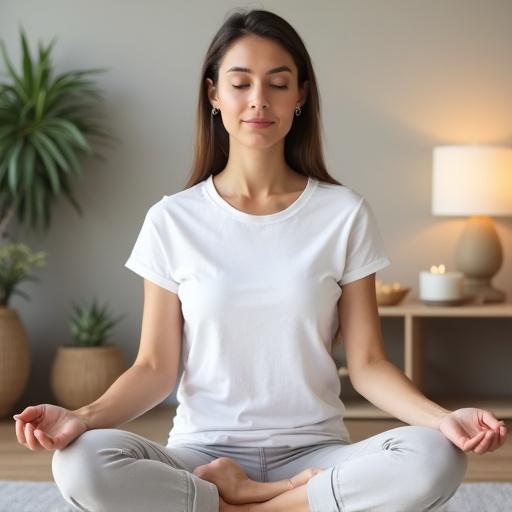 A woman sits in a meditation room wearing a white t-shirt. She is in a relaxed pose, eyes closed, appearing peaceful. The room is minimalistic with calm decor and plants around her. The scene conveys tranquility and mindfulness.