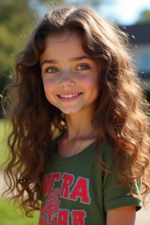 A portrait of a girl with curly hair and green eyes smiling outdoors. She wears a green shirt with red letters. Background features a suburban neighborhood.