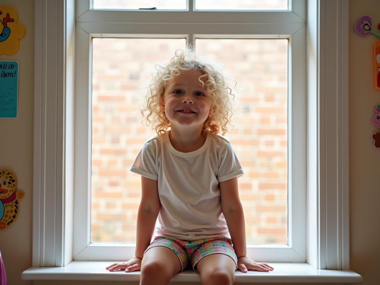 A young girl with curly blond hair is sitting on a window ledge. She has a playful expression on her face. The window frames a view of a brick wall outside. The girl is wearing a light-colored t-shirt and colorful shorts. Surrounding the window are some playful decorations and children's toys visible on the walls.