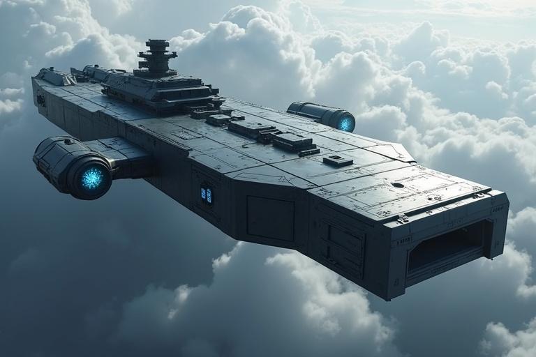 Cinematic sci-fi starship design in a cloudy troposphere. Long grey metallic structure with detailed textures. Small blue engines with a sleek and blocky look. Emphasis on realism, shadows, and 4k quality.