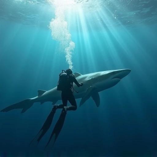 Image depicts a clear scuba diver wearing diving suit interacting with a whale shark. The scene is underwater with soft lighting rays filtering from the surface. Cinematic view showcases the vastness of the ocean, focusing on depth and color. The atmosphere is immersive and breathtaking with visible particles in water.