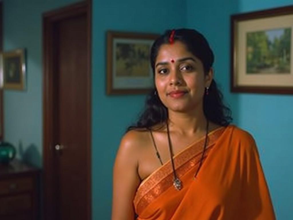 A woman is standing indoors, wearing a traditional outfit. She has a red bindi on her forehead and is looking directly at the camera. The background is a room painted in blue with a framed picture on the wall. There's a visible light source coming from the left, illuminating a part of the room. The setting appears to be warm and inviting.