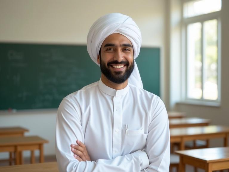 Omani male teacher in a modern classroom. Traditional attire includes white dishdasha and turban. Confident posture and smile shown. Classroom features wooden desks and chalkboard. Natural light from windows highlights the setting.