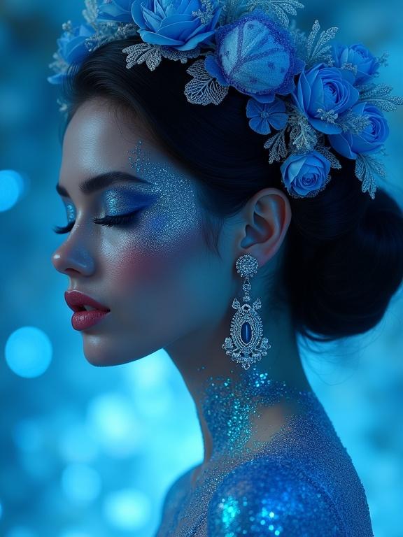Close-up fantasy portrait ethereal woman closed eyes skin shimmering sapphire blue glitter sparkles soft dreamy lighting bold metallic blue eyeshadow glossy deep rose lips long elegant lashes updo hair adorned luxurious ornate floral headpiece delicate blue flowers lace beads intricate silver crystal chandelier earrings atmosphere otherworldly magical cool blue ambient glow softly blurred background floral motifs composition elegant artistic capturing glamorous surreal beauty side profile