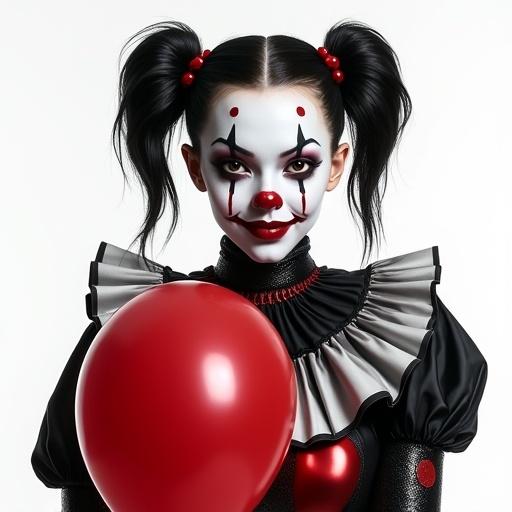 Realistic female clown with black pigtails wearing creepy white and black makeup and a shiny clown suit. Holding a red balloon against a white background. Focus on details, textures, realism, and shadows.
