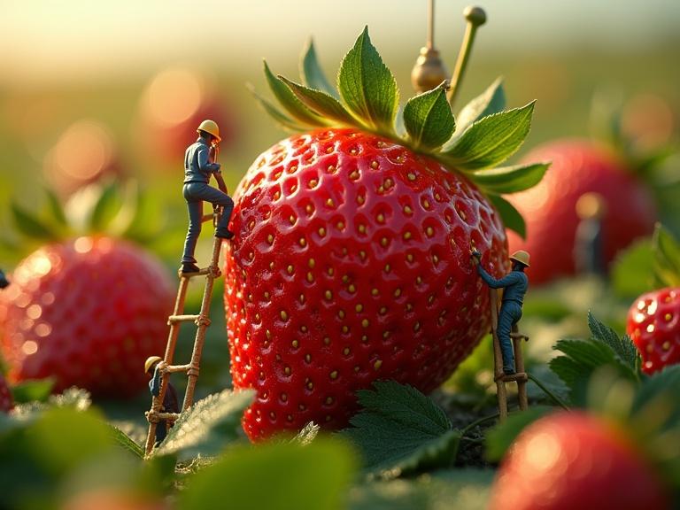 A team of tiny human workers harvesting giant strawberries in a green field. Strawberries are huge with glistening seeds and green leaves. Workers climb ladders and cut stems. Others use carts and pulley systems. Dewdrops sparkle on strawberries. Bright warm morning light. Whimsical and ultra-realistic.