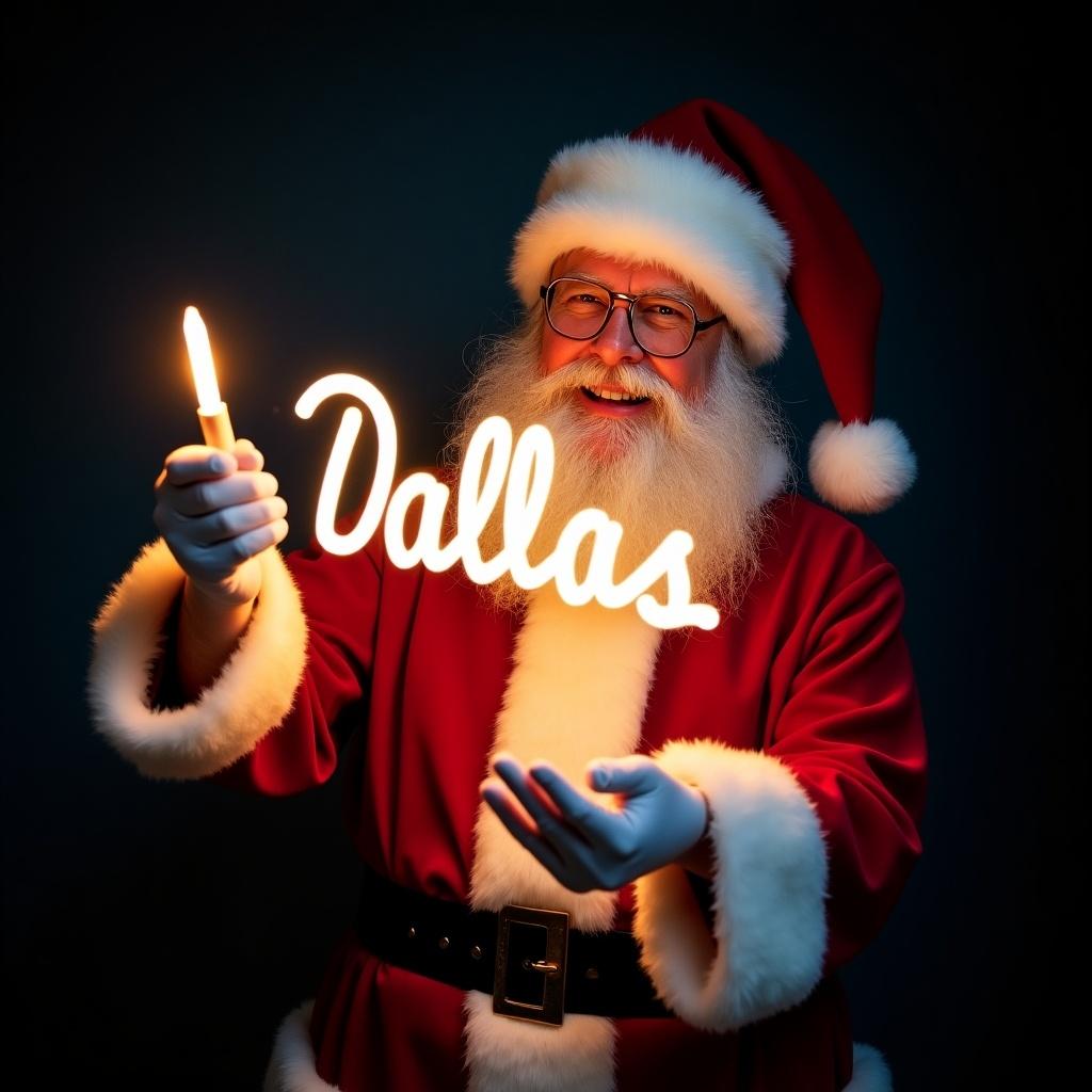 Santa Claus in traditional red suit holds a glow stick spelling 'Dallas'. He has a jolly expression. Dark background highlights the glow. Scene evokes holiday magic and joy.