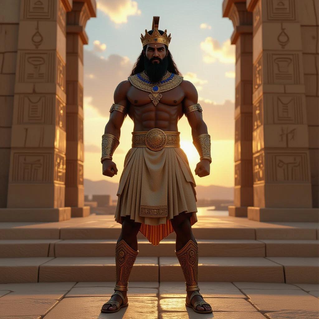 Epic wide-shot of Gilgamesh on Uruk's ziggurat steps. Full figure visible from sandals to crown. Wears pleated kilt and ornate belt. Muscular torso with divine symbols. Camera at knee level looking up against sunset. Detailed rendering highlights lapis lazuli necklace and cuneiform inscriptions. Background features palace doors and Euphrates river.