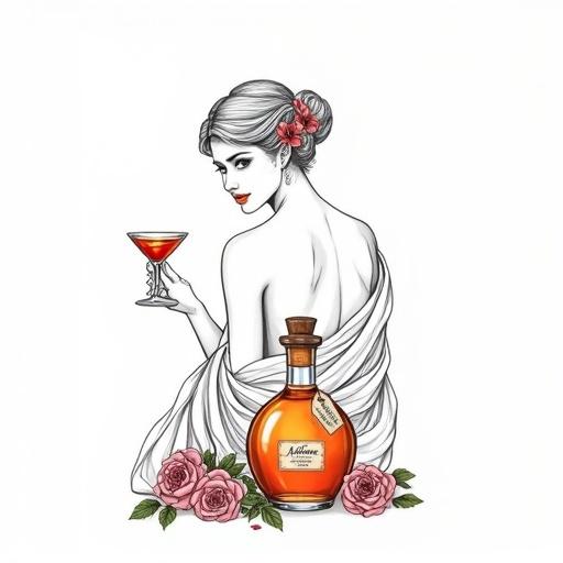 Highly detailed line art of a beautiful goddess in mid-thirties offering a toast with a cocktail glass. She wears a translucent silk wrap accentuating her curves, a flower in her hair, golden-reddish lips, looks over her shoulder. A lower apothecary bottle lies nearby with a golden glow, cork lid, and tag 'ALFRUNO.' Surrounded by roses and herbs.