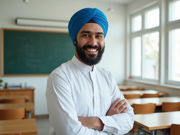 Omani male teacher wears traditional white dishdasha and blue turban. Teacher smiles confidently. Classroom features wooden desks and chalkboard. Bright natural light enters through windows.