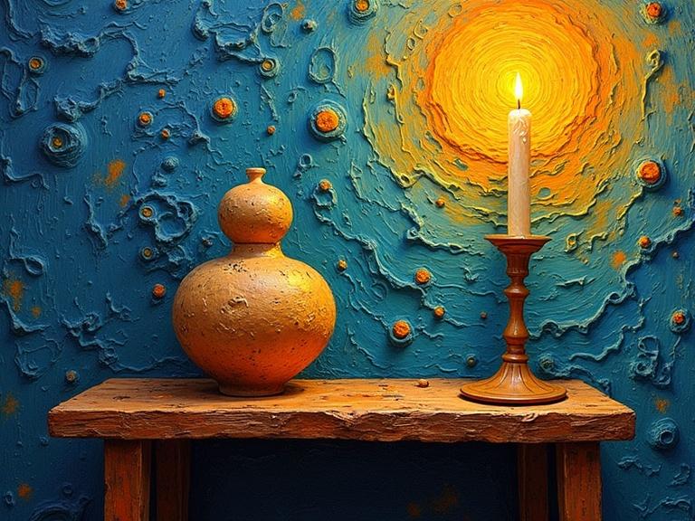 Vibrant still life on rustic wooden table. Ass sculpture and candle with golden flame. Background is swirling textured wall in expressive strokes.