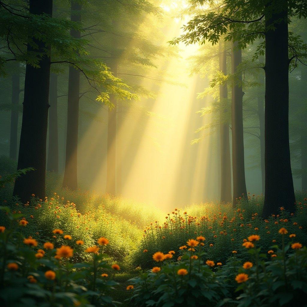 Image shows a tranquil forest scene with morning sunlight shining through trees. Flowers bloom on the ground. Mist adds to the serene atmosphere. The scene communicates peace and beauty in nature.